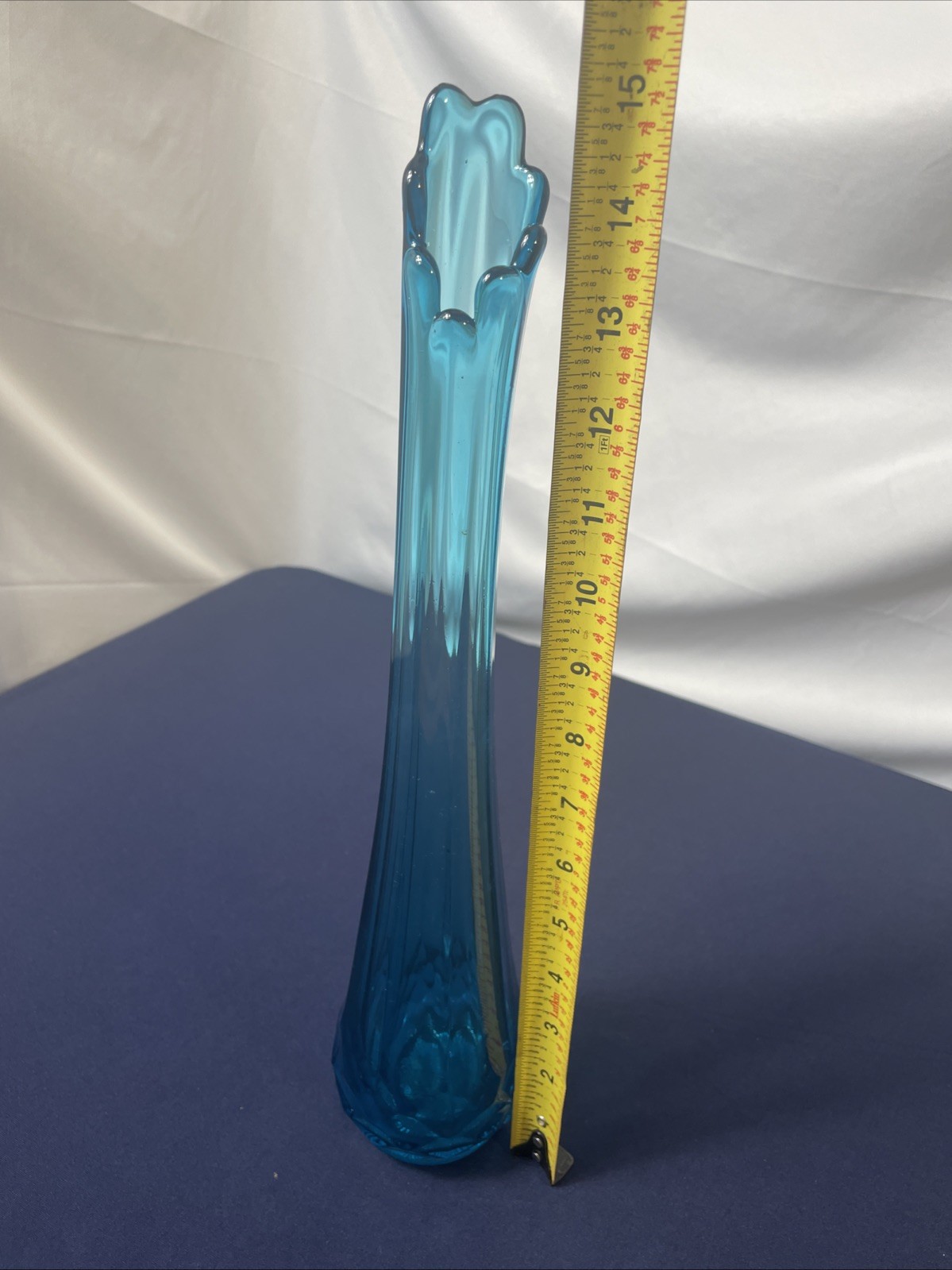 Vintage L.E. Smith Glass 15″ Paneled Swung Vase Peacock Blue Excellent!