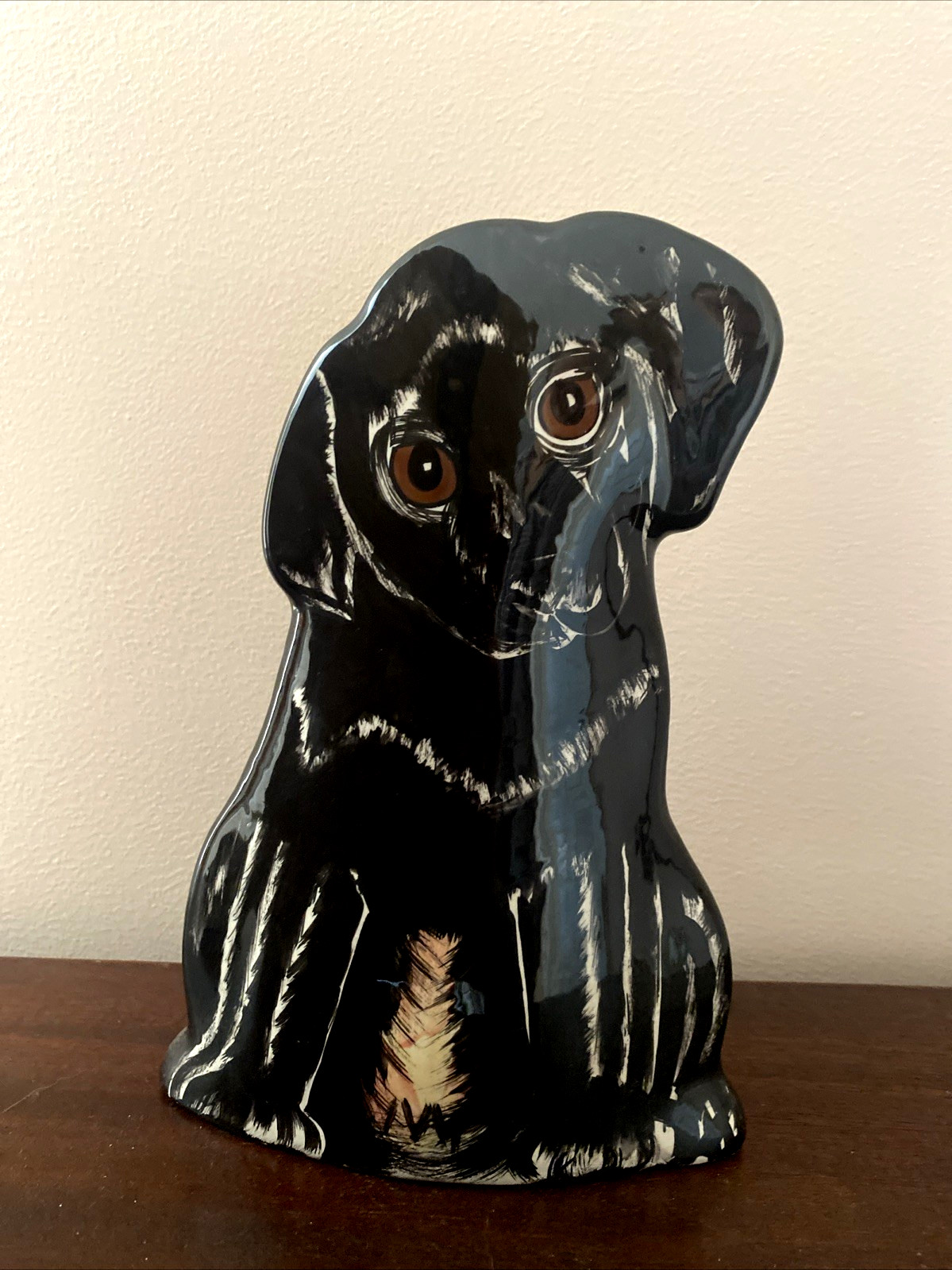 “Dogs by Nina” Lyman Hand Painted Ceramic Black Puppy Vase/ Planter, 8”