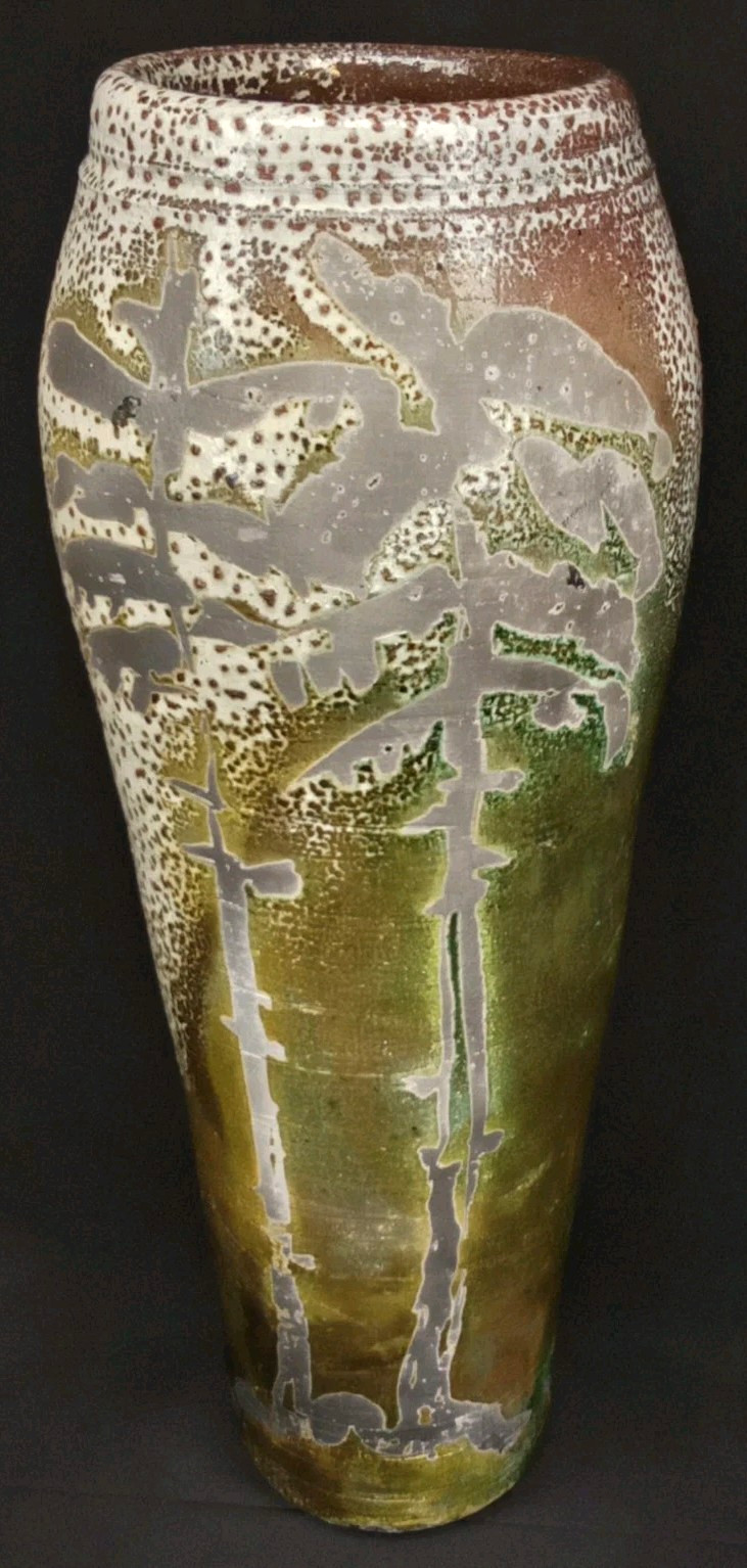 Vintage 1995 Studio Pottery Tapered Vase Trees Sgraffito Signed KG95 New Arrival