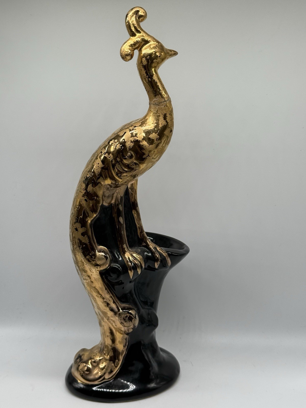 Beautiful Vintage 24K Gold With Black USA Peacock Planter Vase 13” x 5” 1920s