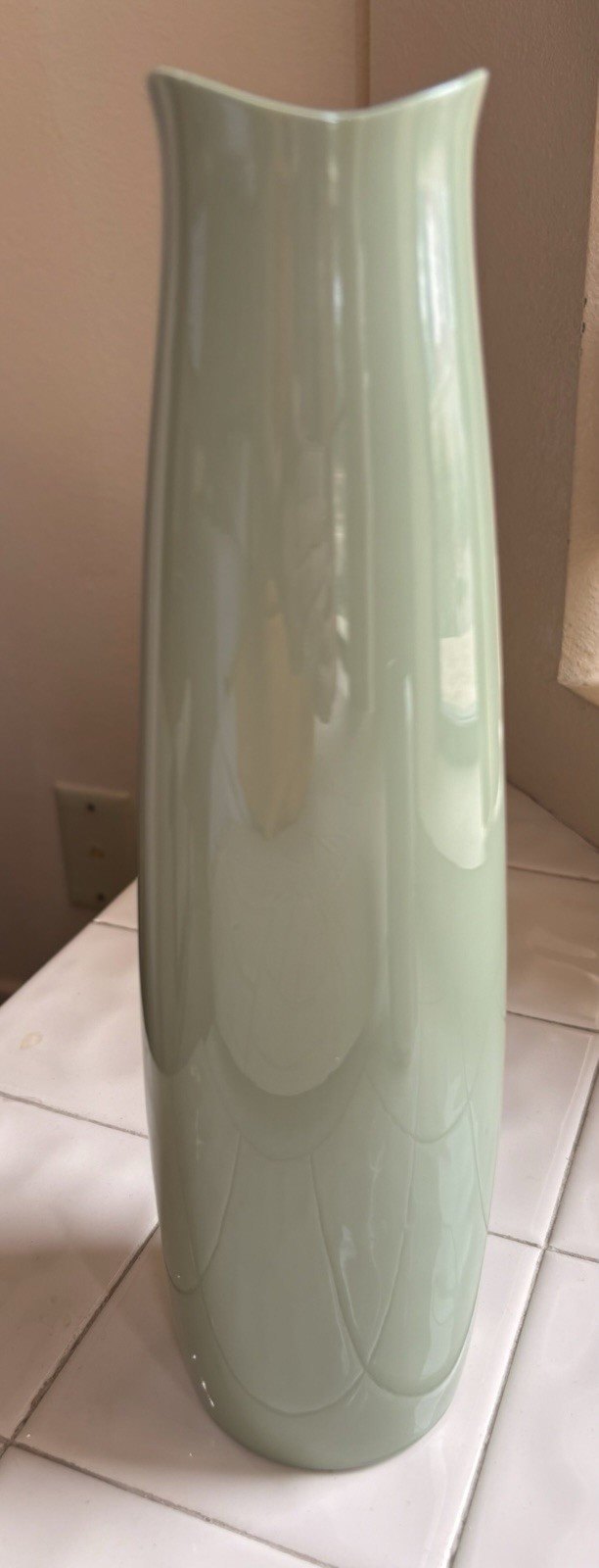 Vintage Franciscan Fine China Vase Green Slender Curved Lip White Interior 11”