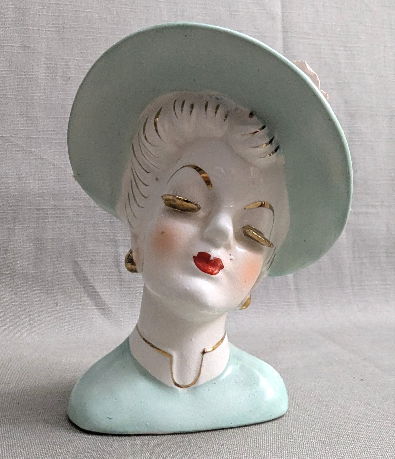 RARE Vtg Glamor Ladies Elegant HEAD VASE/PLANTER Light Cyan Dress & Hat – Gold