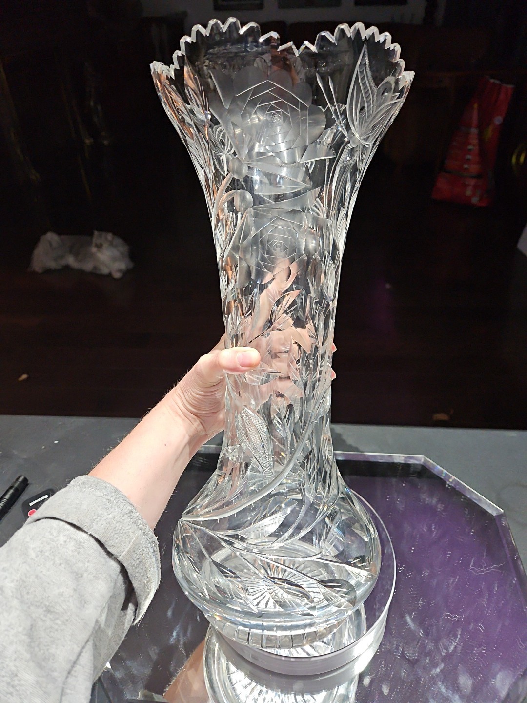Huge 16-1/4″ VASE, American Brilliant Period Cut Glass Crystal Butterfly & Rose