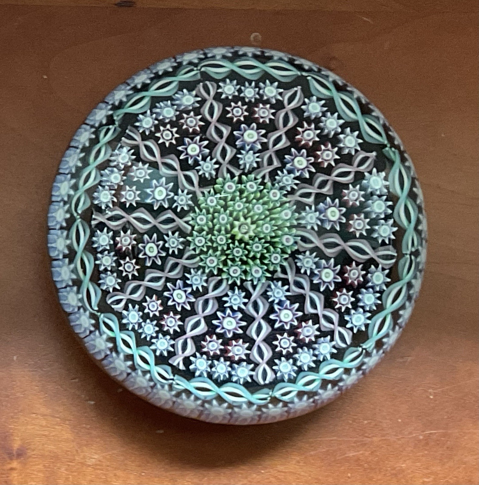 Vtg Perthshire Black w/ Pink Purple ThreeMillefiori Twisted Spoke Paperweight