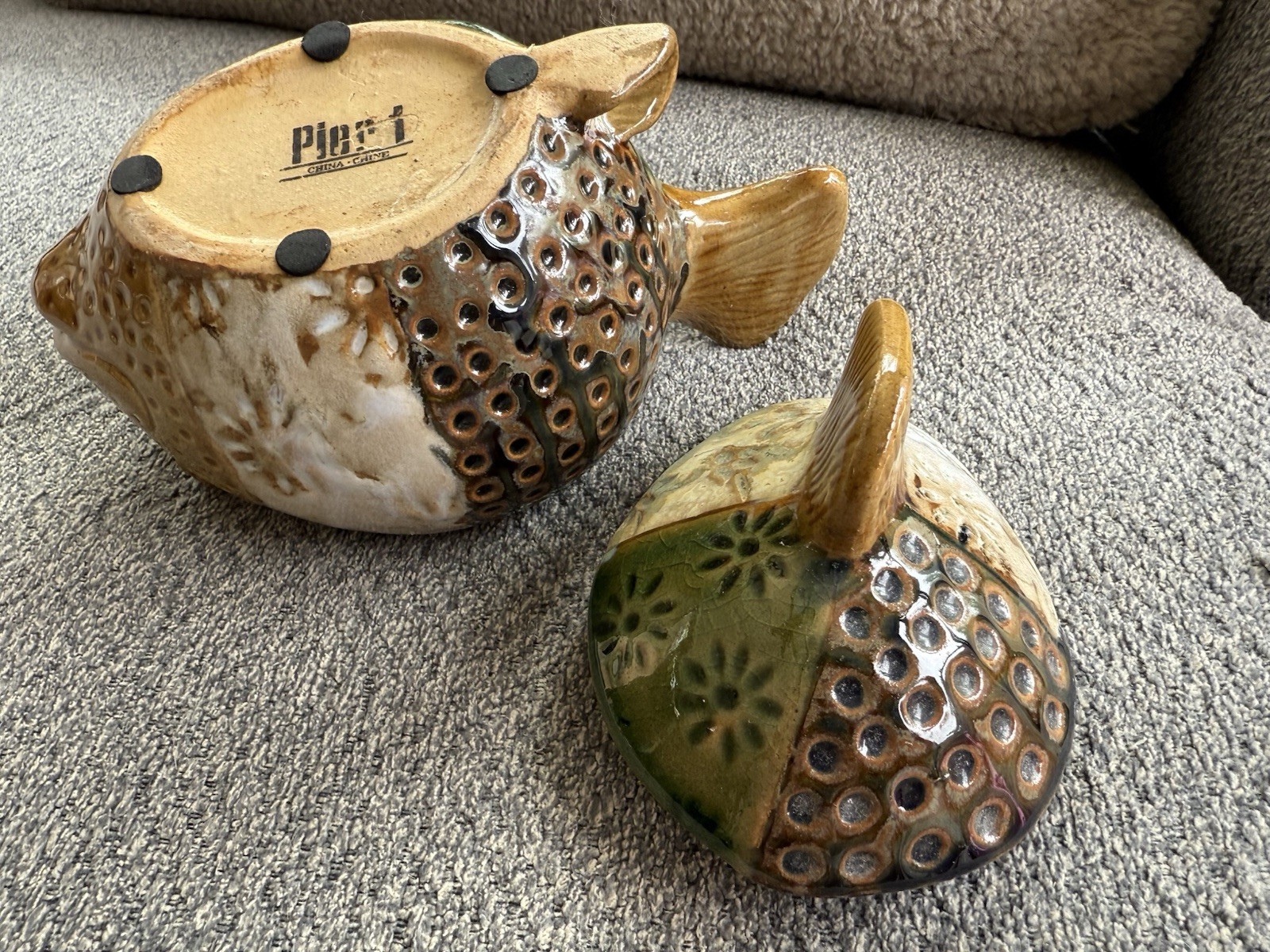 Pier 1 Glazed Ceramic Stoneware Puffer Fish Trinket Jar W/ Lid Earth Tones