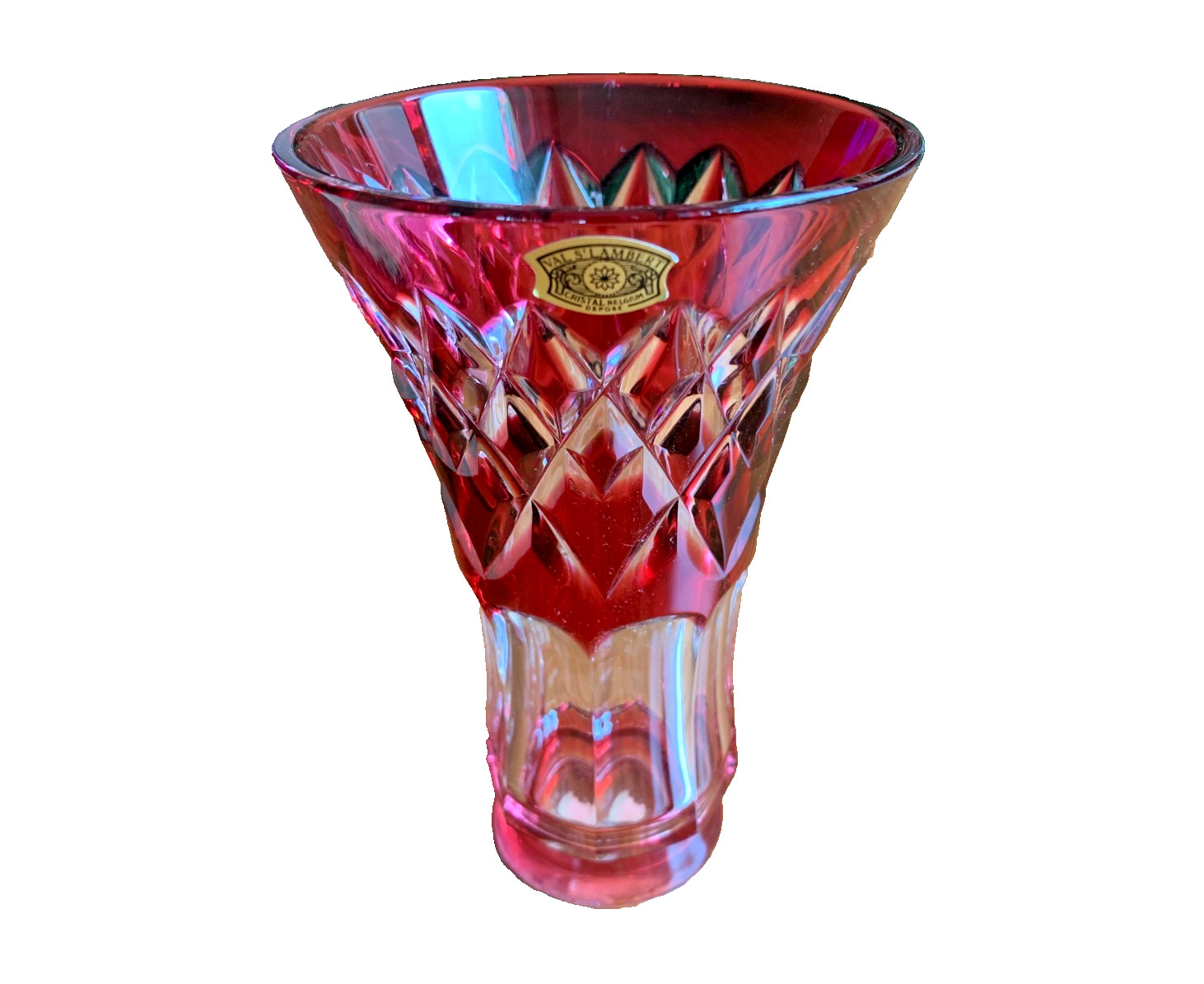 Val St Lambert Ruby Red Cut to Clear Crystal Glass Vase Belgium Depose Signed 6″