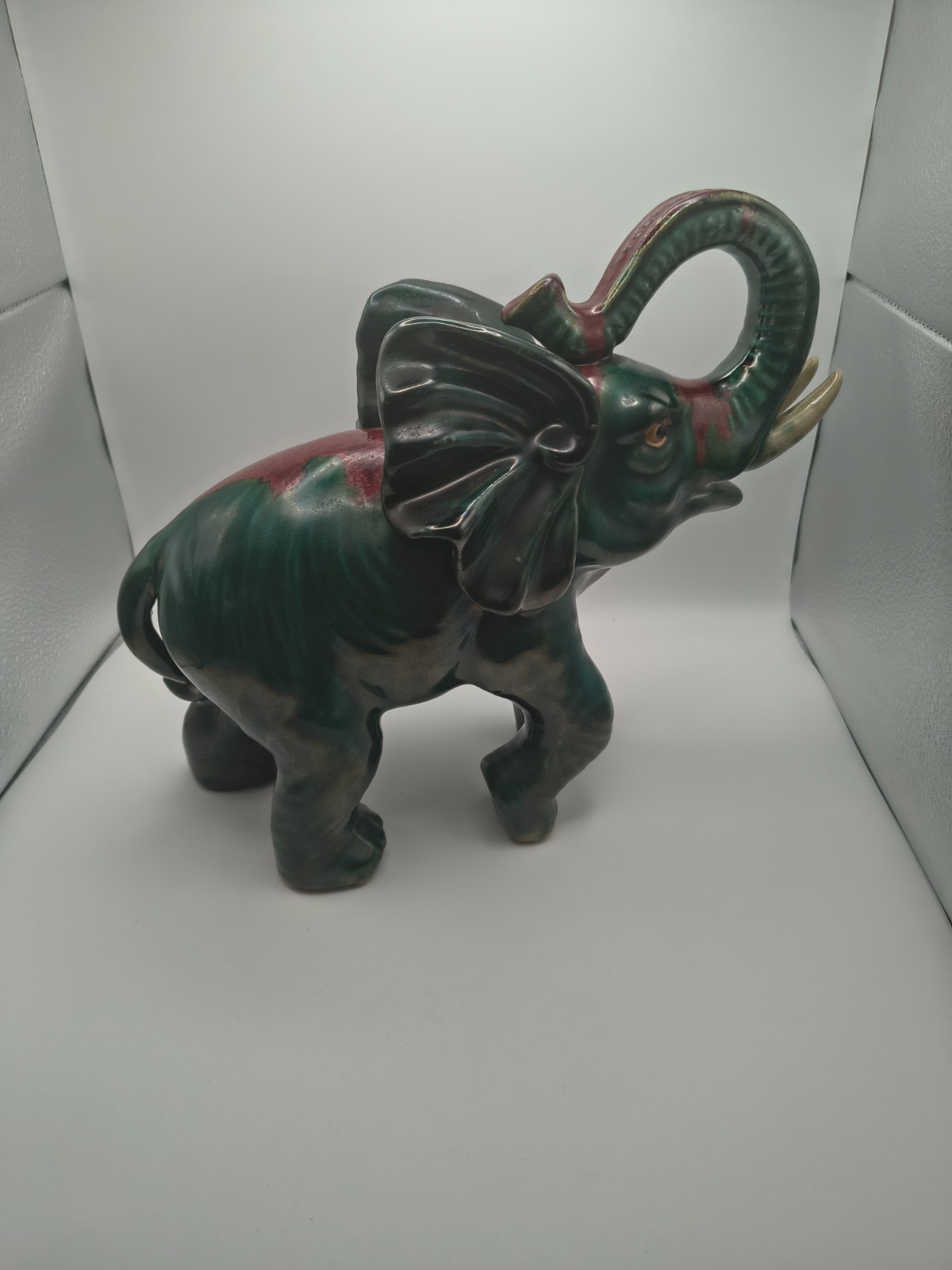 Vtg Elephant Pottery/Ceramic Green Red Glaze 10 inches tall by 11 inches wide
