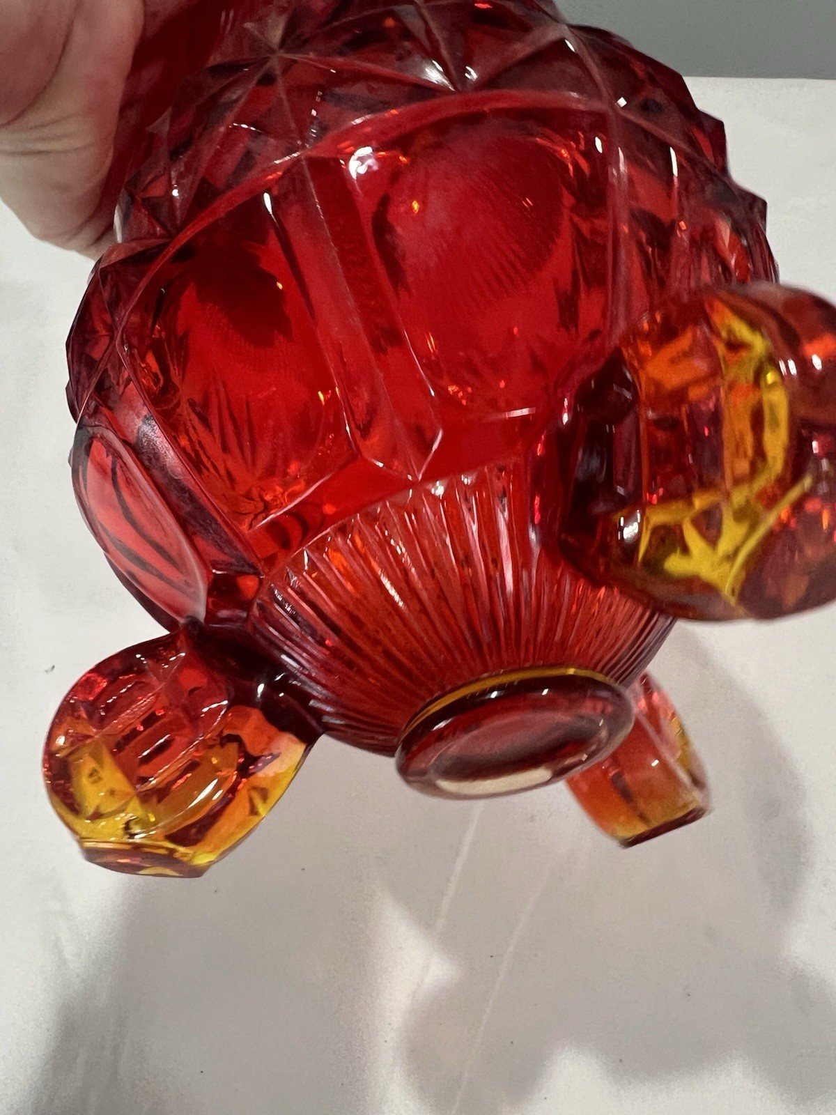 VTG LE Smith Flame Red /Amberina Diamond Point RIbbed 3 Wheeler Swung Vase 18″