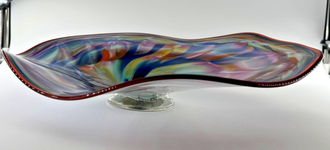 Signed Studio Art Glass Bowl Platter Multi-Color Swirl Red Rim 14” P48