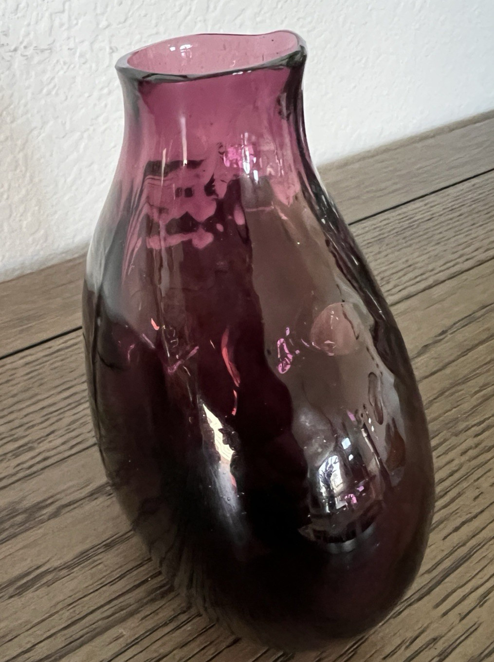 Amethyst Hand Blown Optic Art Glass 5.5″ Tall Flask Vessel Vase Ripple Crude MCM