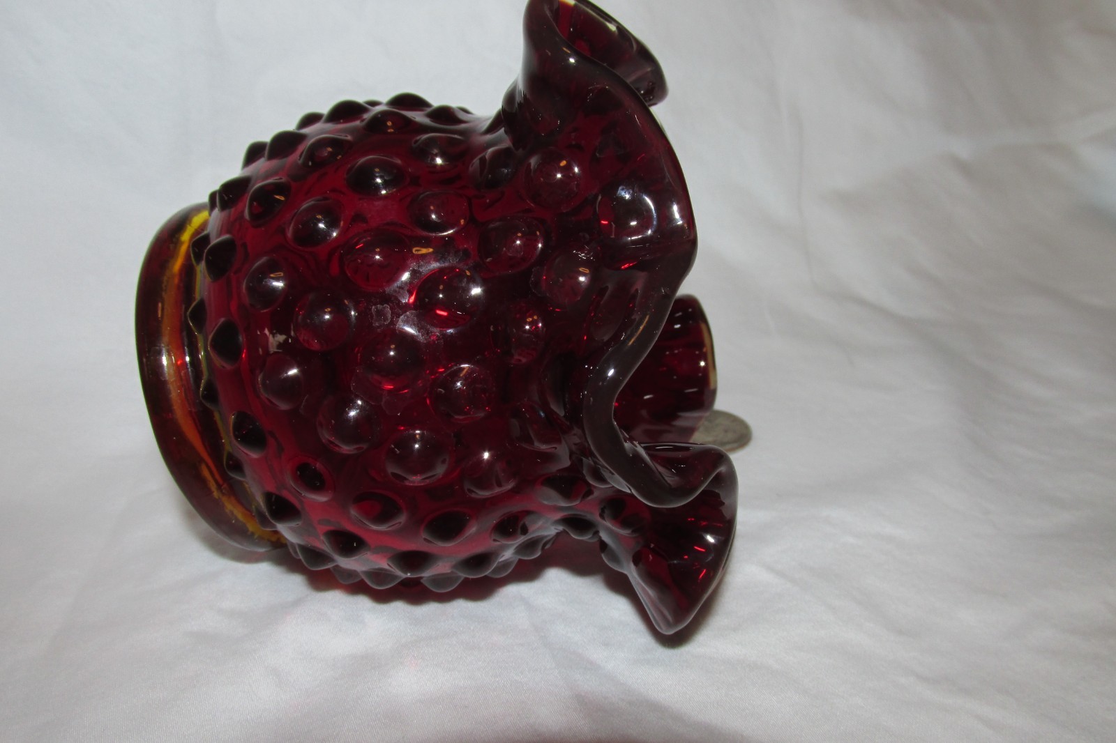 Vintage Fenton Dark Ruby Red Hobnail Ruffled Vase 3 Inch tall, Fenton stamp