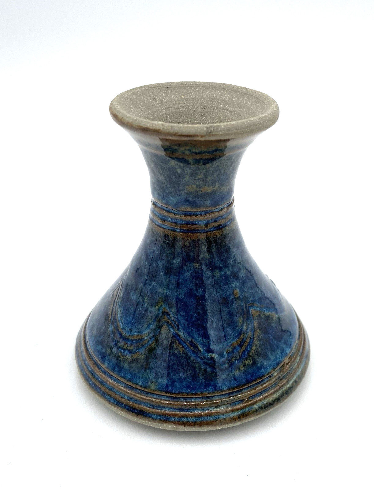 Studio Pottery Bud Vase, Blue Glaze, Brown Sgraffito Swag Design, 3.3″