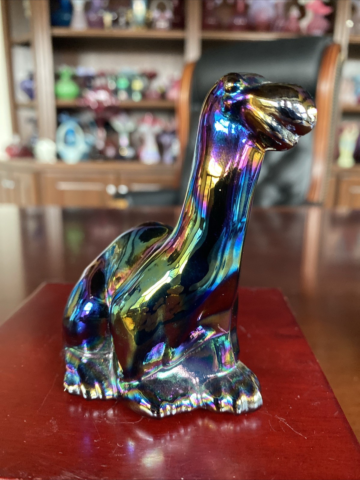 Wonderful Fenton Smoked Carnival Glass Dinosaur/Brontosaurus 3.5”. Ex Condition