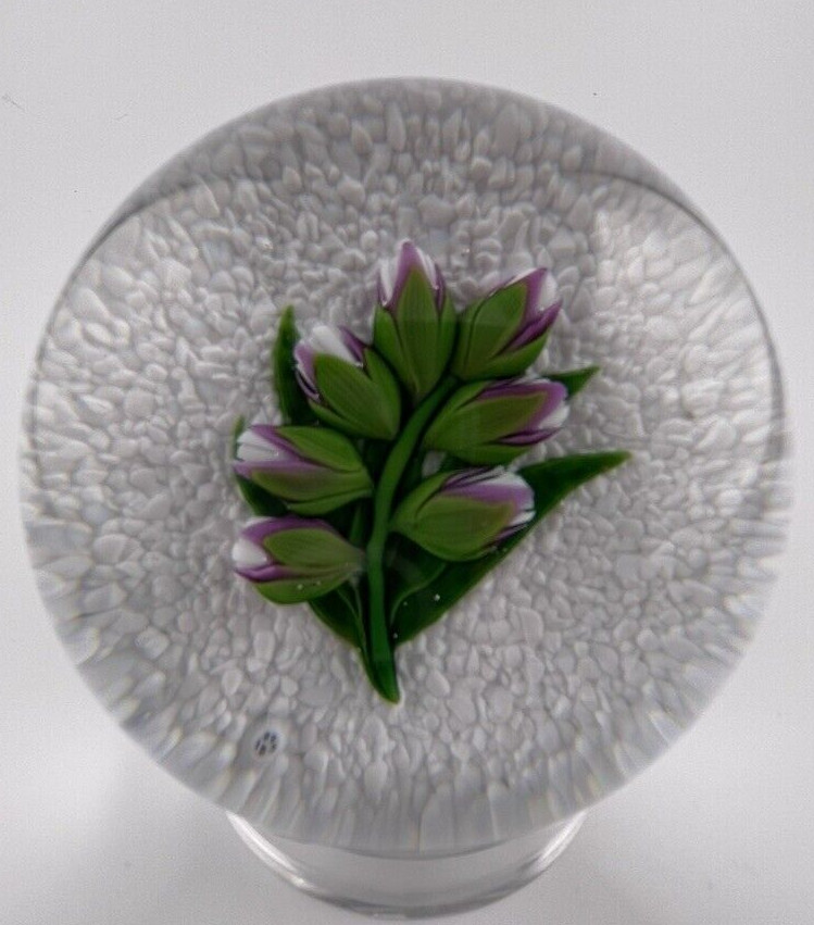 Baccarat 1993 LE 150 Purple Crocus On Snow Glass Paperweight 3.3″