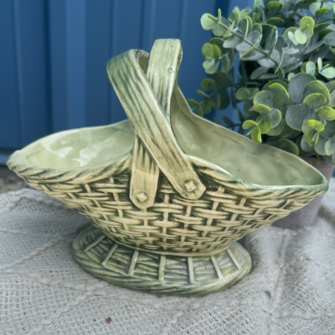 Vintage McCoy Pottery Green Basketweave Planter Two Handled Flower Basket 1950s