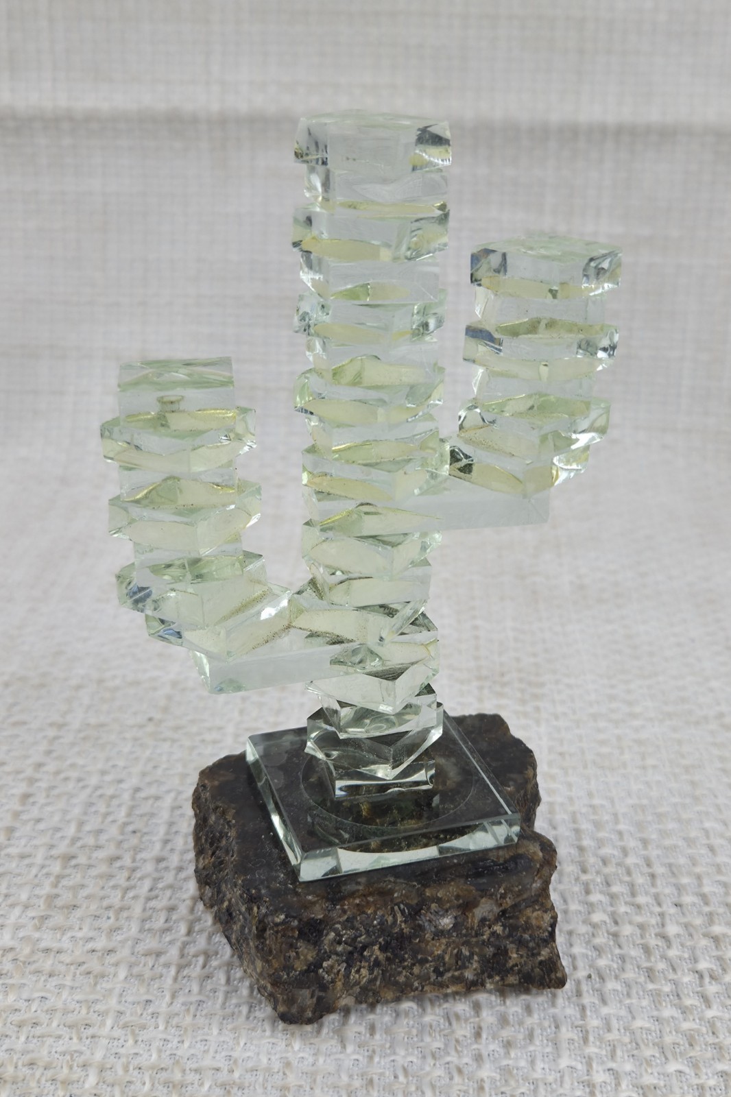Art Glass Stacked Glass Squares Saguaro Style Cactus Figurine on Stone Base