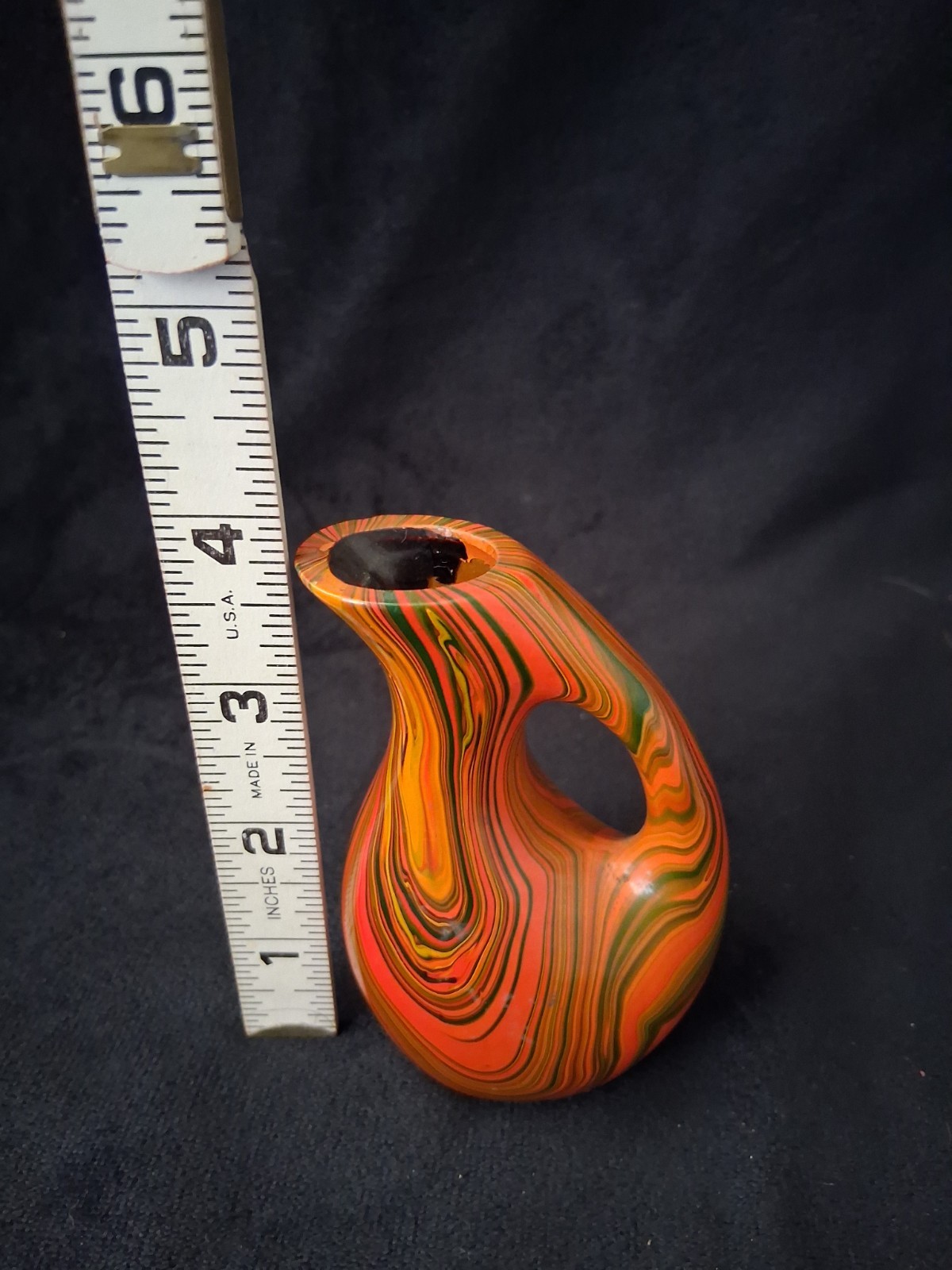 Orange Green Black Swirl Art Glass Decorative Vase Glossy Finish 4in