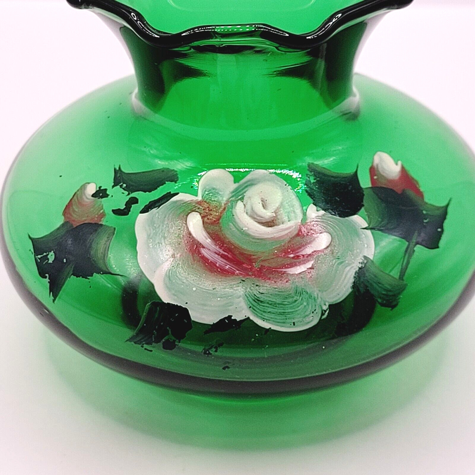 Crimp Ruffle Rim Bud Vase Hand Painted Roses Forest Green Glass Anchor Hocking