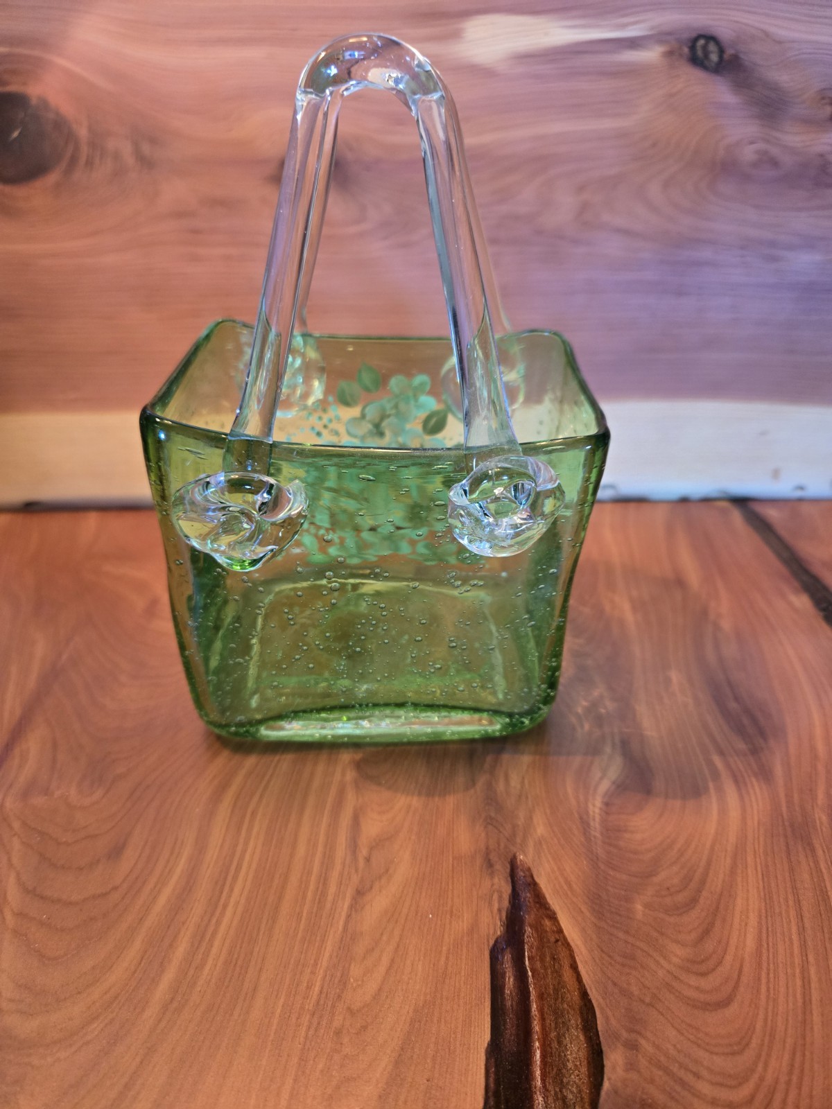 Green Glass Hand Painted Floral Decorative Basket with Handles, Used