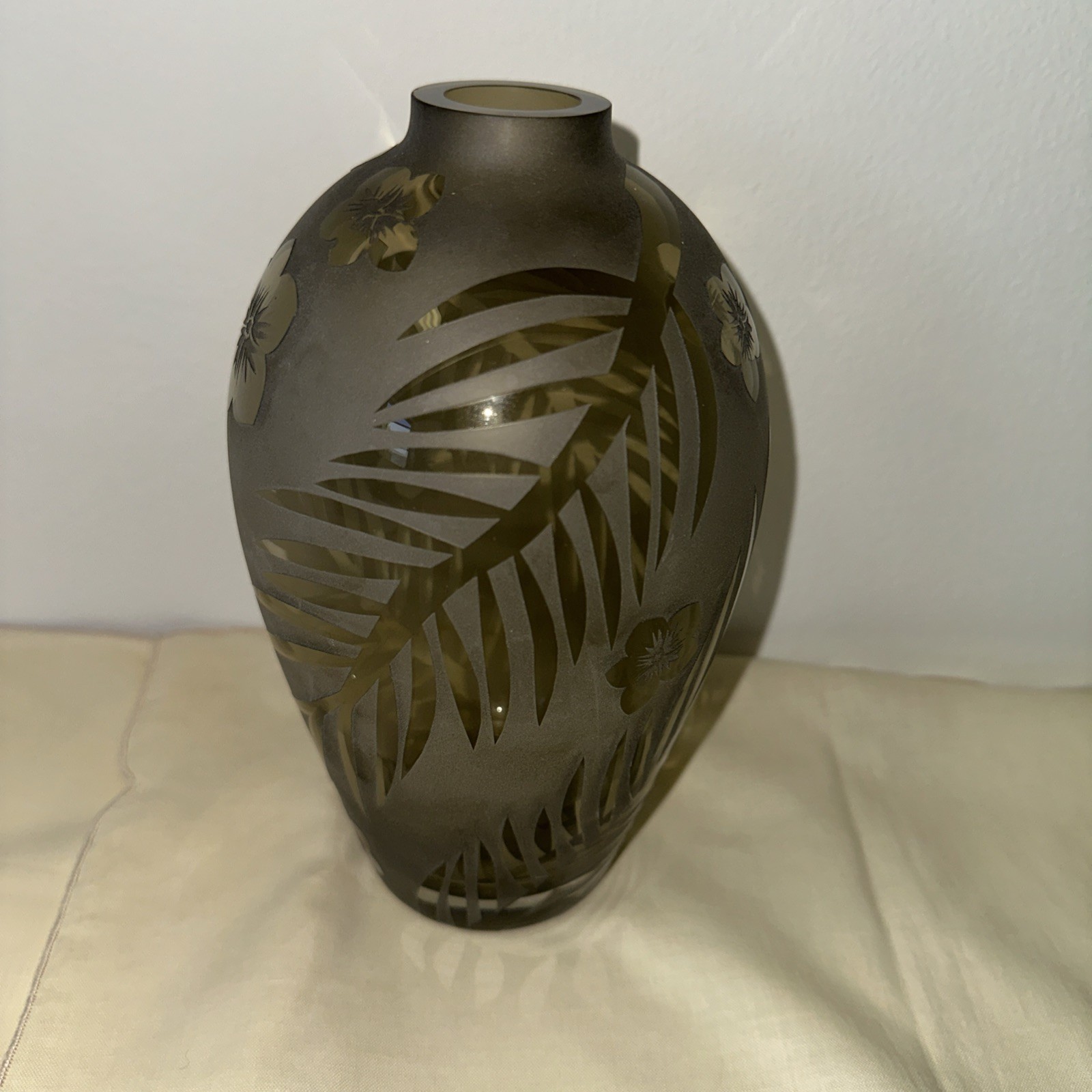 2007 Michael Weems Acid Etched Glass Vase 8”- Gray- Floral Pattern