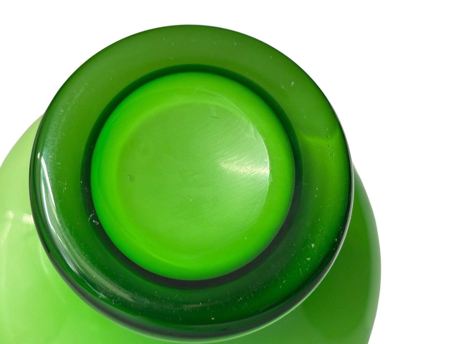 Vintage Holmegaard Style Cased Glass Hooped Lime Green & White UFO Vase 13.25″