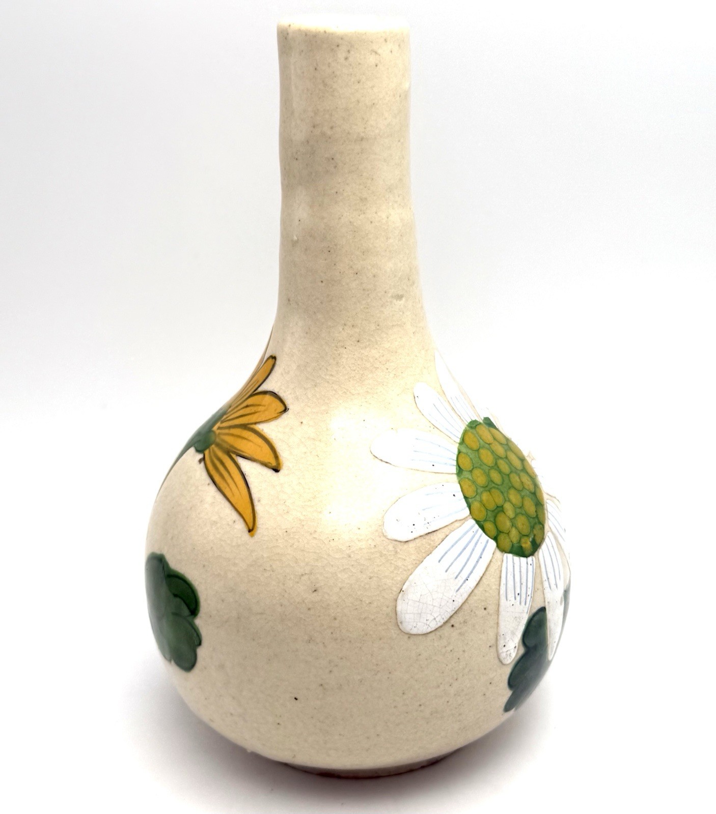 Pottery Bud Vase Painted Daisy Flowers 6.25” X 3.25 in Vintage Stoneware Rare