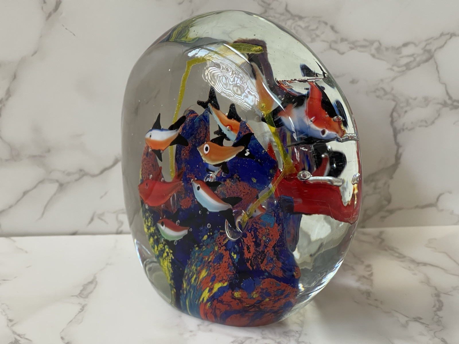 Large Art Glass Aquarium Paperweight Fish Coral Underwater Sea Life Multicolor