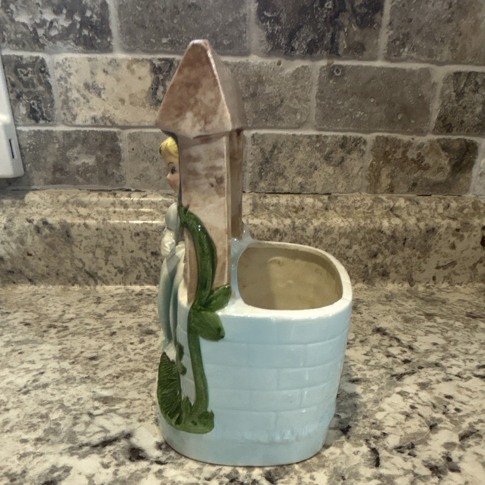 Rubens Japan 468 Vintage Ceramic Figural Girl at Wishing Well Planter Blue Green