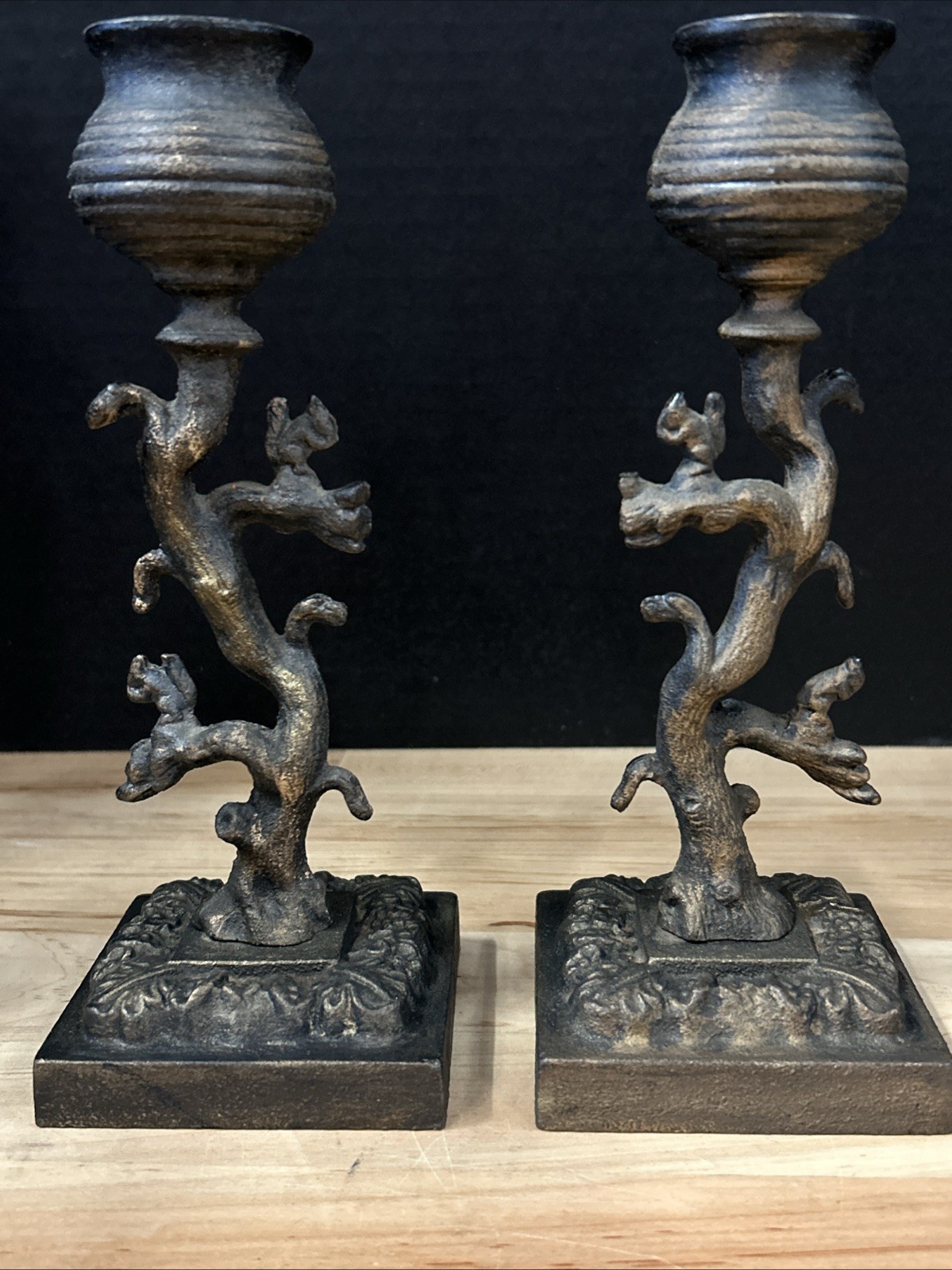 Vintage Pair Iron Mountain Cast Iron Candle Holders Trees With Squirrels 1940’s