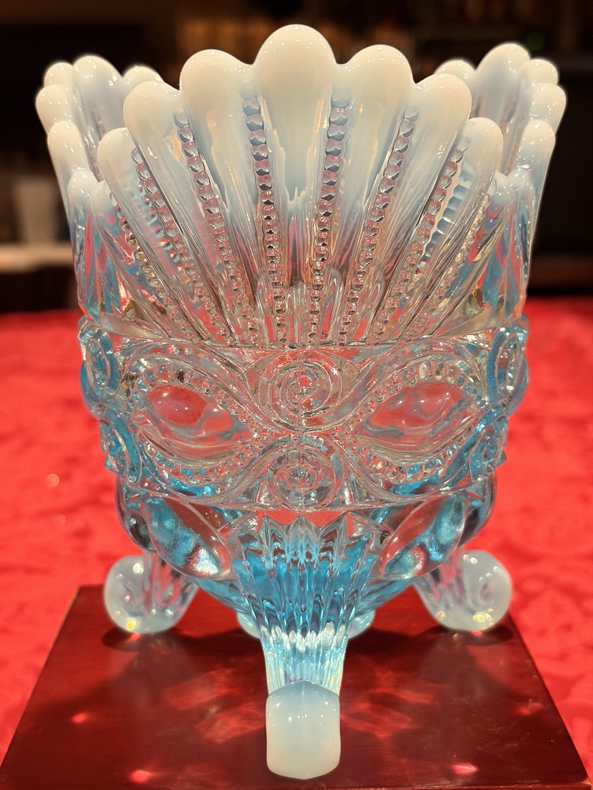 Vintage Mosser Blue Opalescent Eyewinker Spooner Glass Vase Ex Con Signed 6”