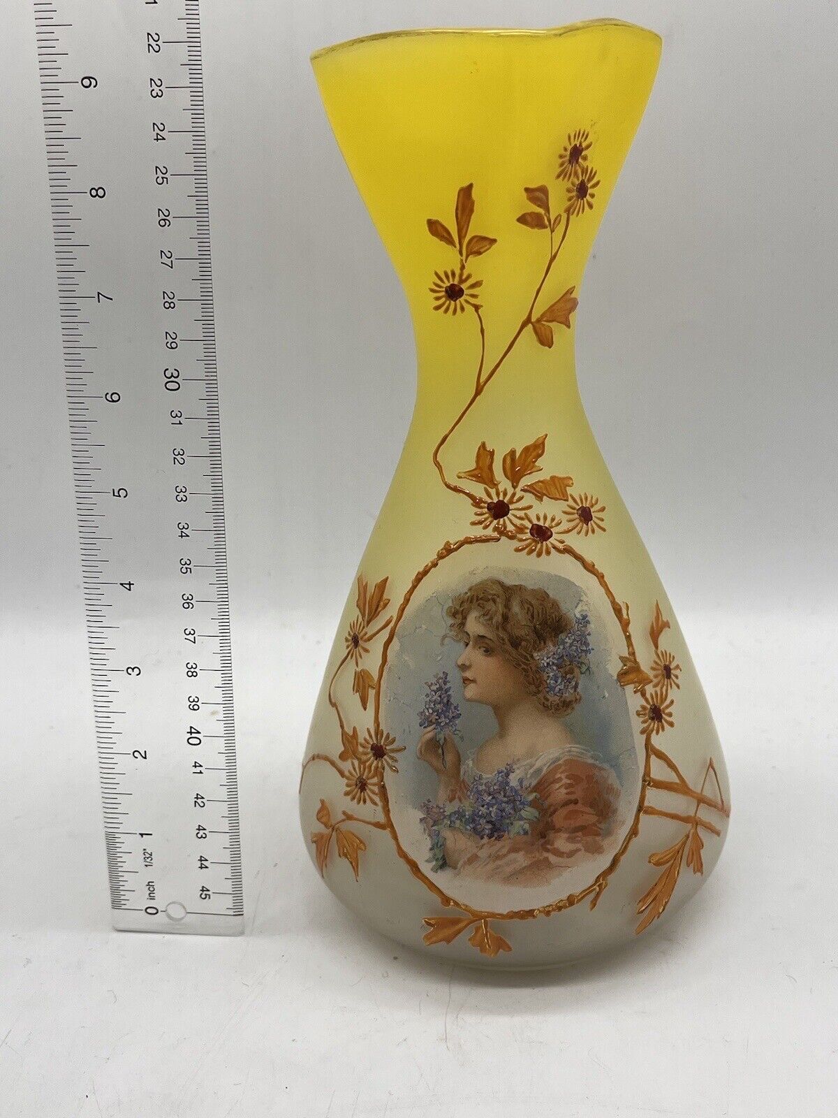 Antique Bohemian or French Glass Portrait Vase Enamel Victorian Flowers