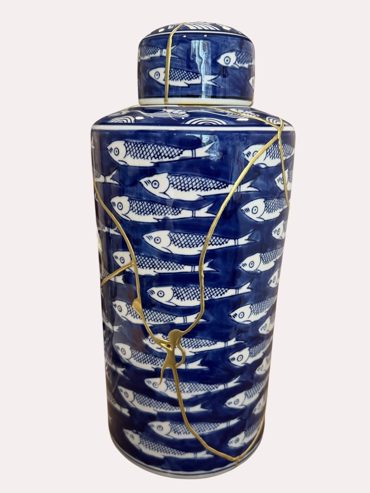 Kintsugi Chinoiserie Fish Ginger Jar Blue White Gold 14” Decorative Urn Ceramic