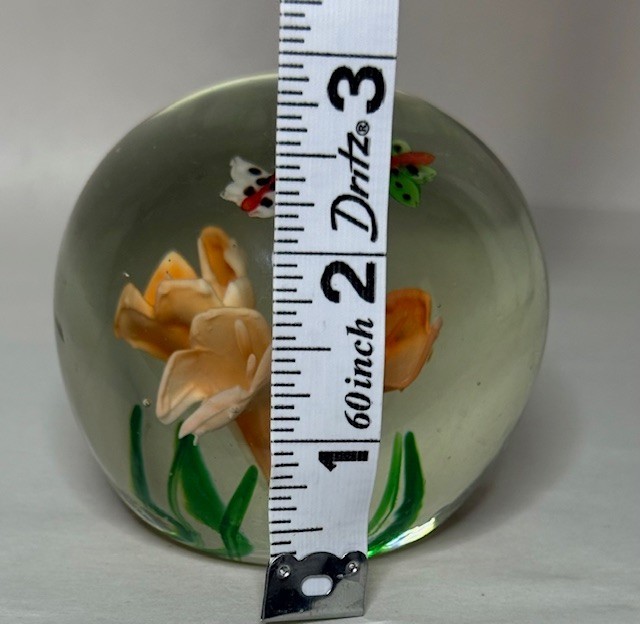 2 pc Art Glass Paperweight Lampwork Floral, Flower Design 3″ and 2.5″ Two Sizes
