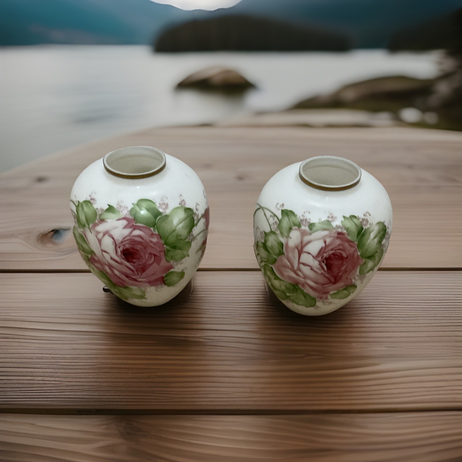 Matching PAIR Connin Deluxe Hand-painted Roses Milk Glass Vases 11” FREE SHIP