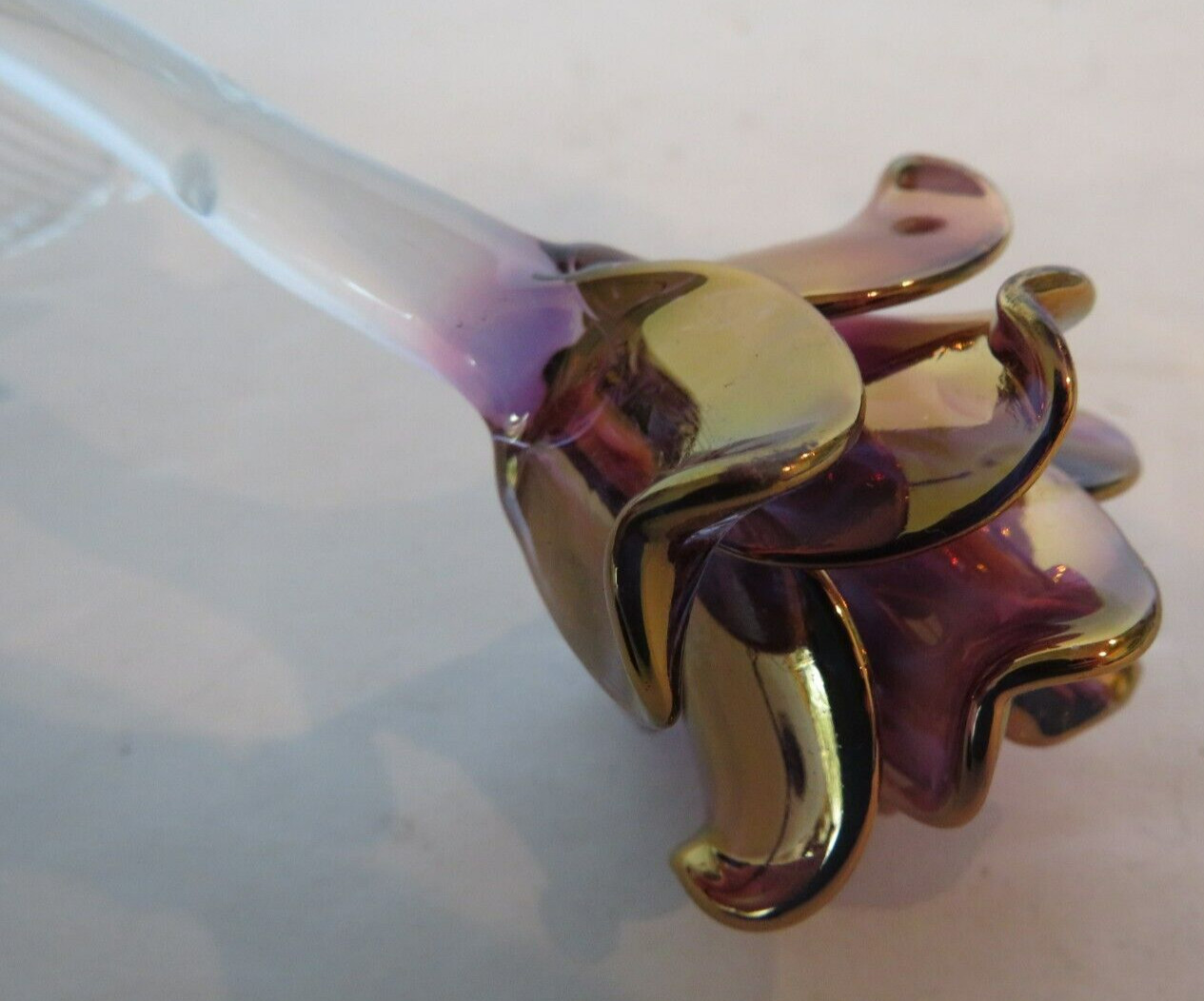 Vintage Hand Blown Rose Flower Art Glass Purple Gold Tip Beauty Belle Gift