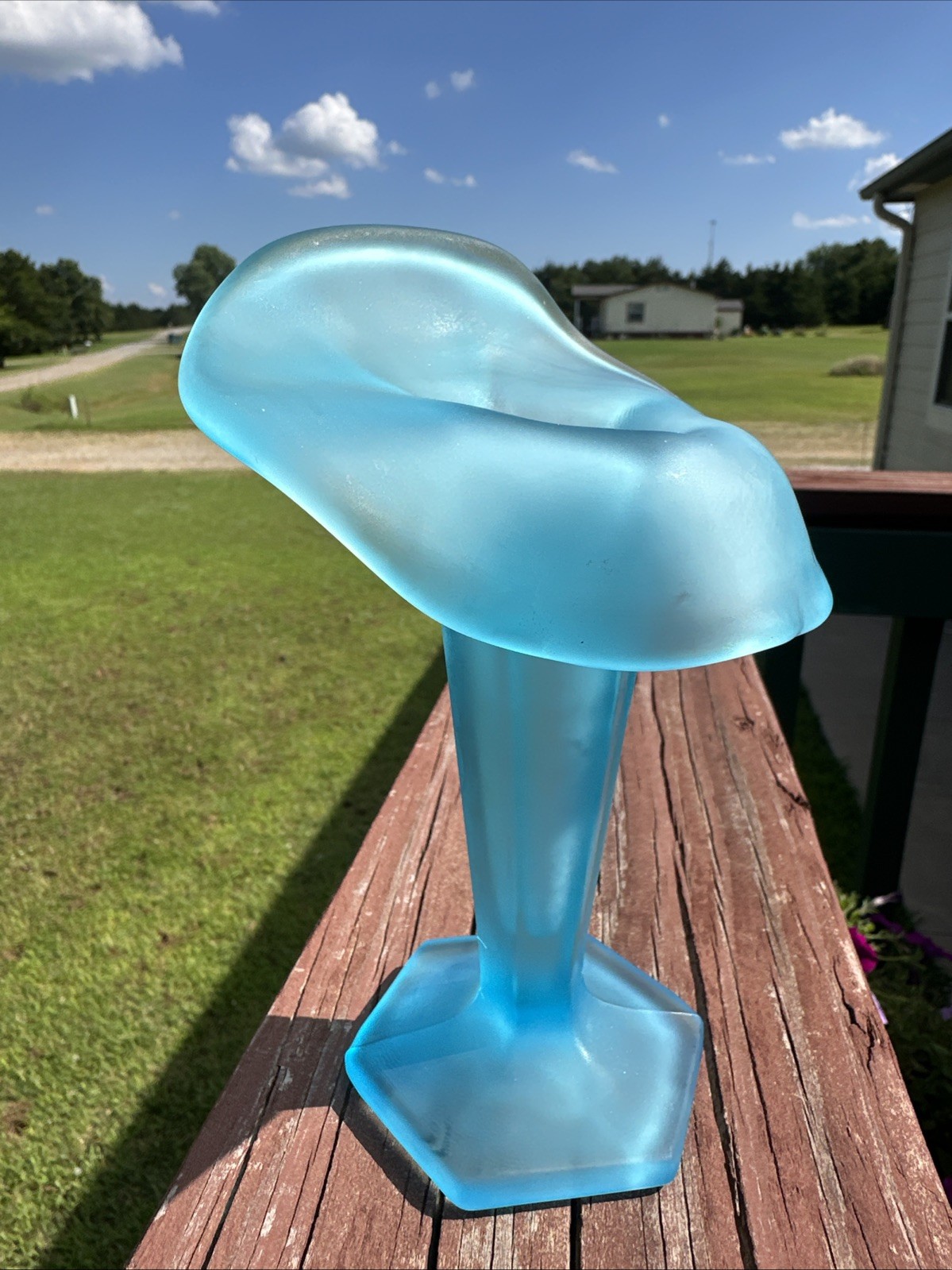 Vintage WESTMORELAND Jack In The Pulpit Floral Vase Aqua Blue Satin