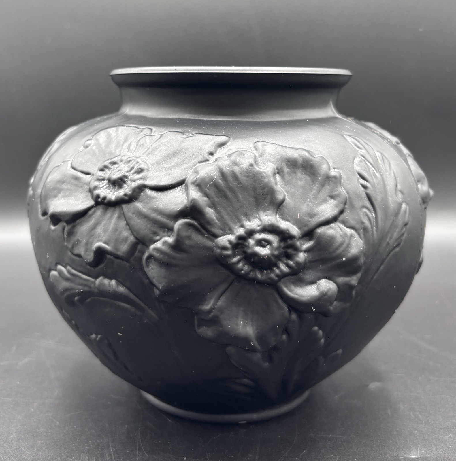 Tiffin Black Satin Glass Poppy Relief Rose Bowl Amethyst Glass Vase Antique