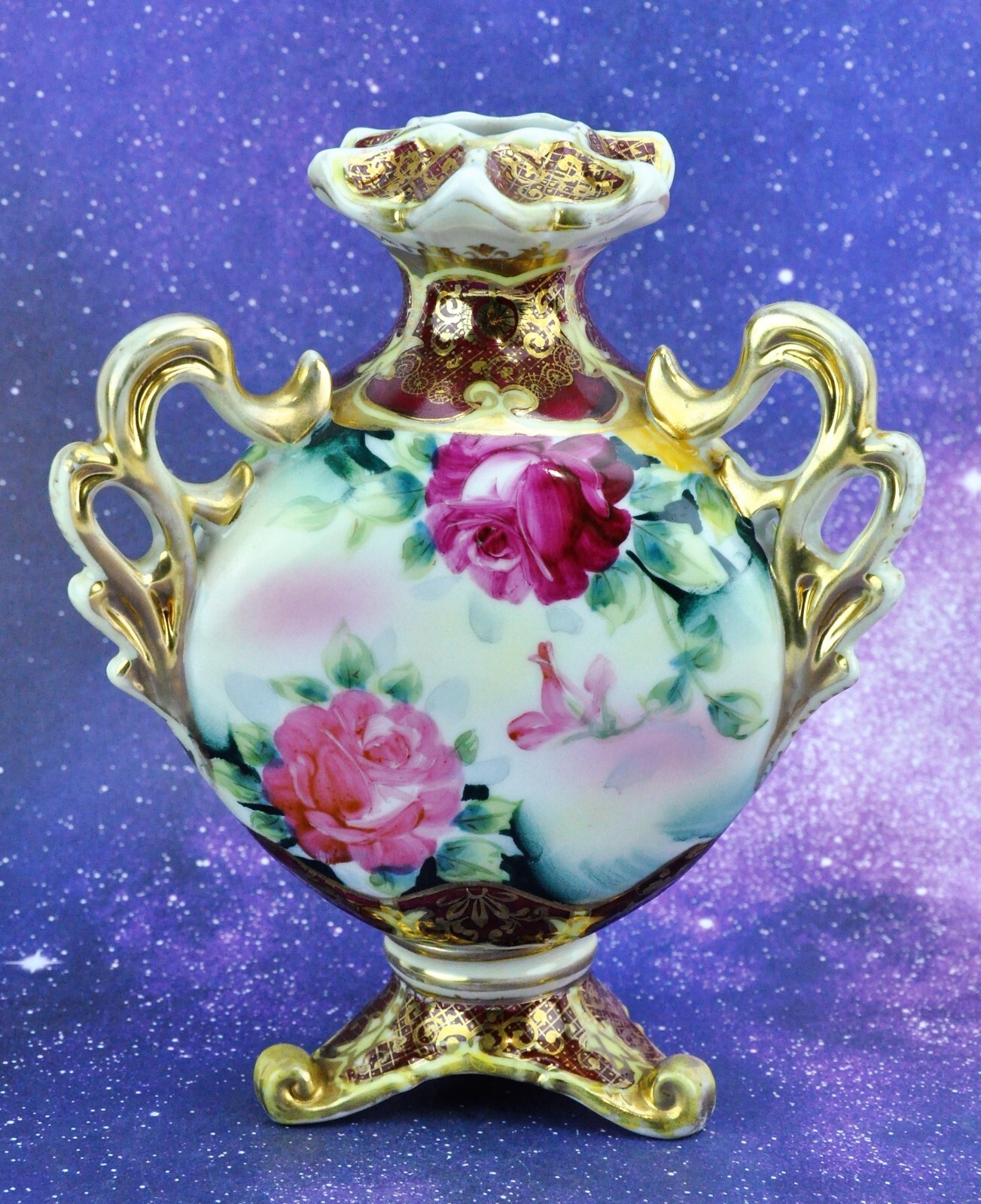 Antique Continental European Hand Painted Vase with Three Handles (BI#210129)