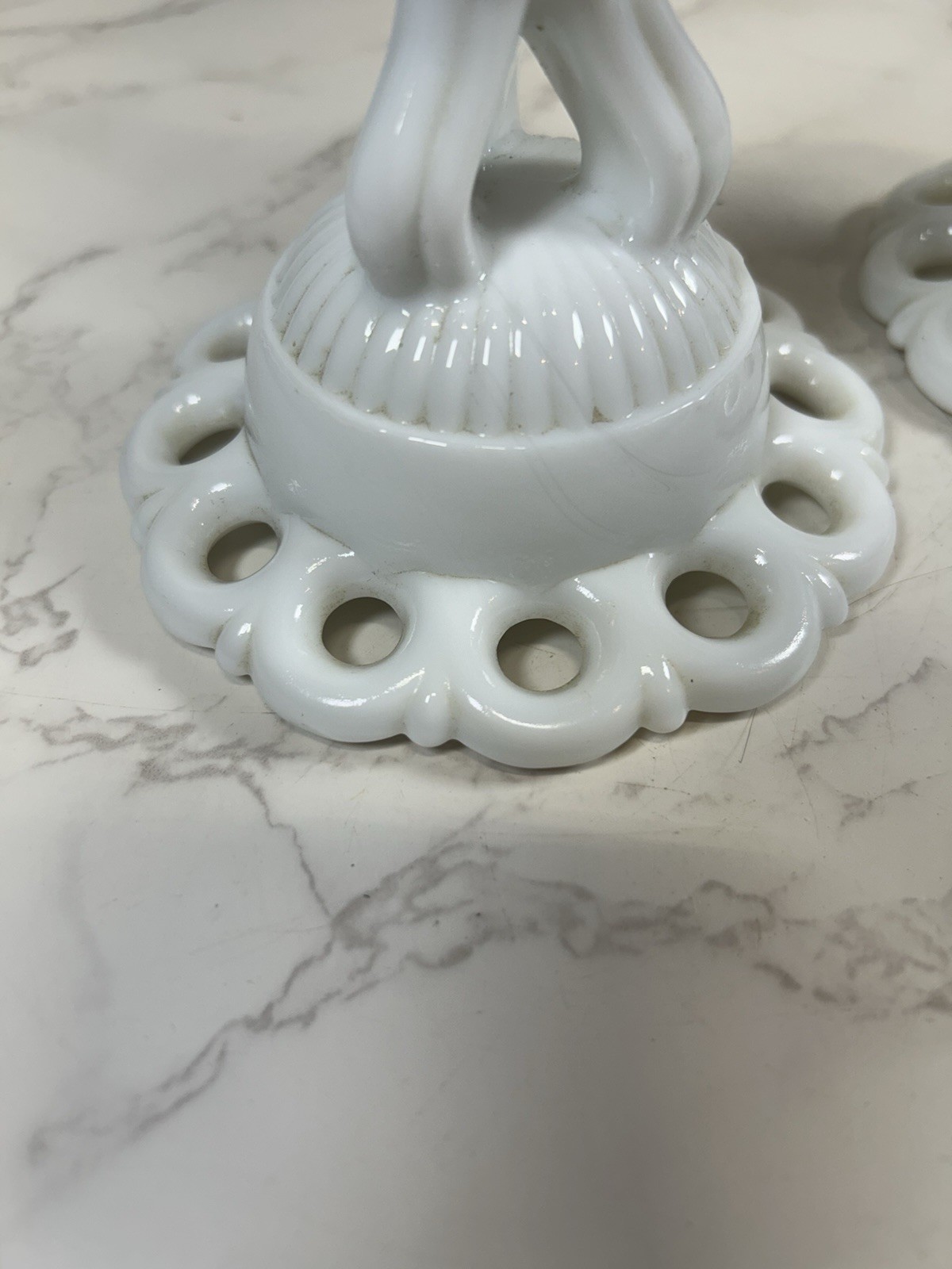 Vintage Pair Milk Glass Lace Candlestick Holders