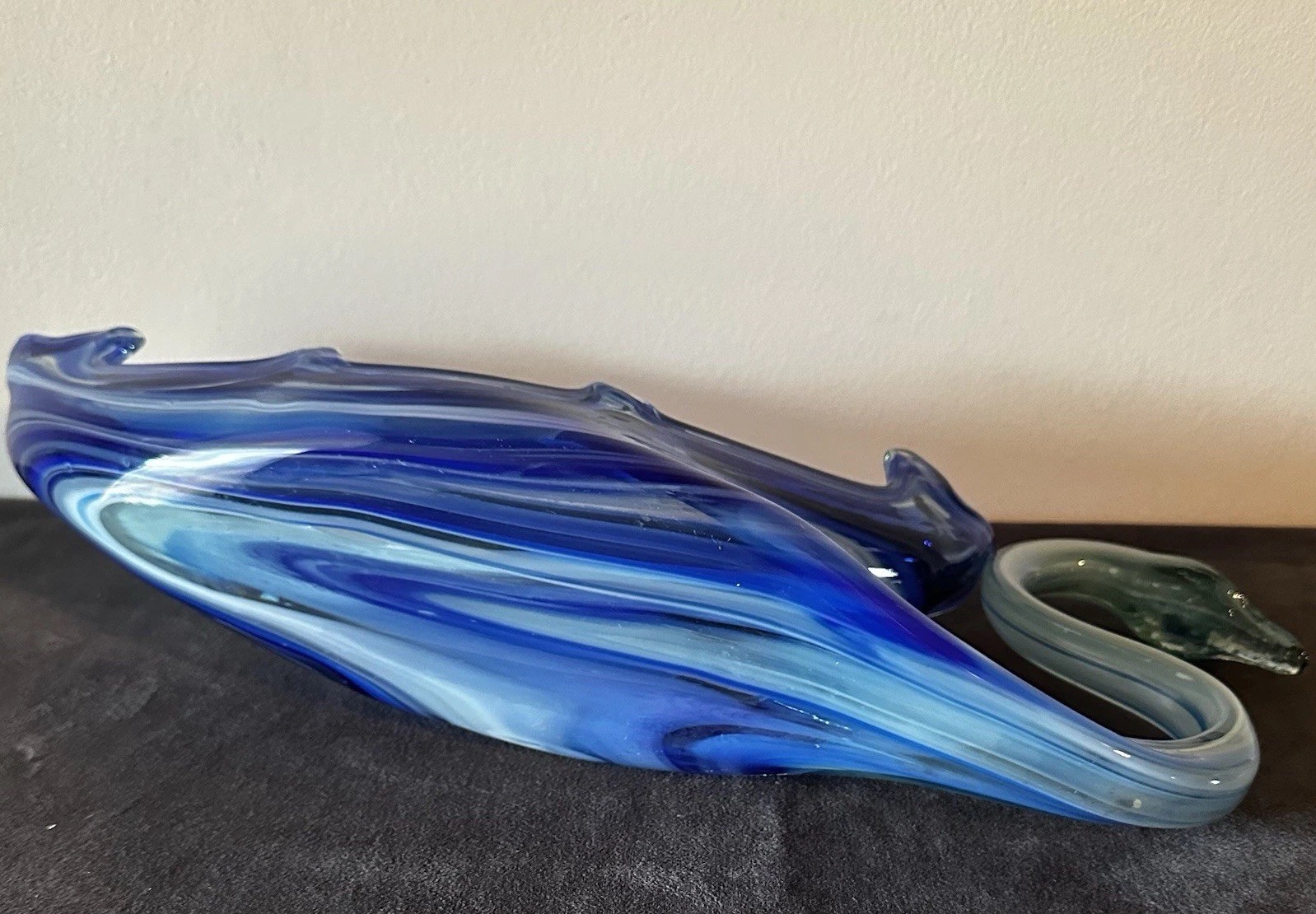 Mid-Century Vintage Murano Style Large Hand Blown Glass Cobalt Blue Swirl Swan