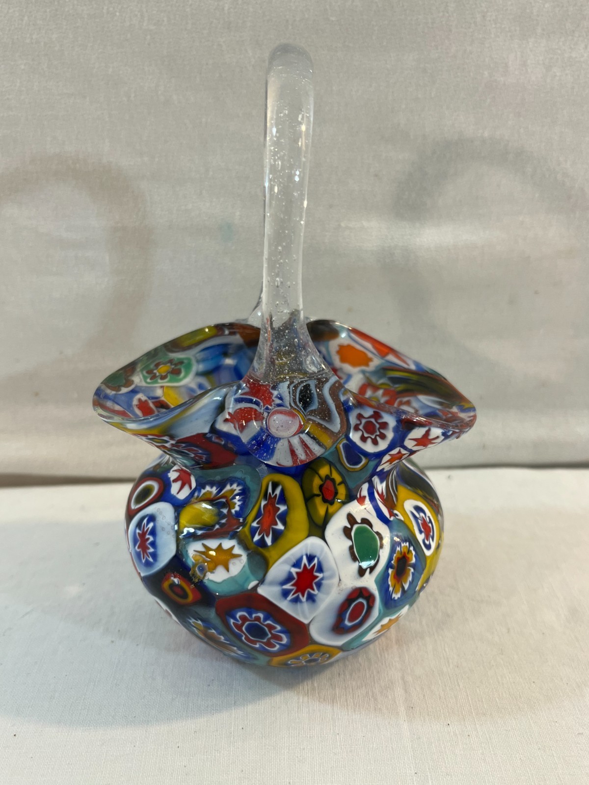 Murano Hand Blown Art Glass Millefiori Bowl Basket with Handle