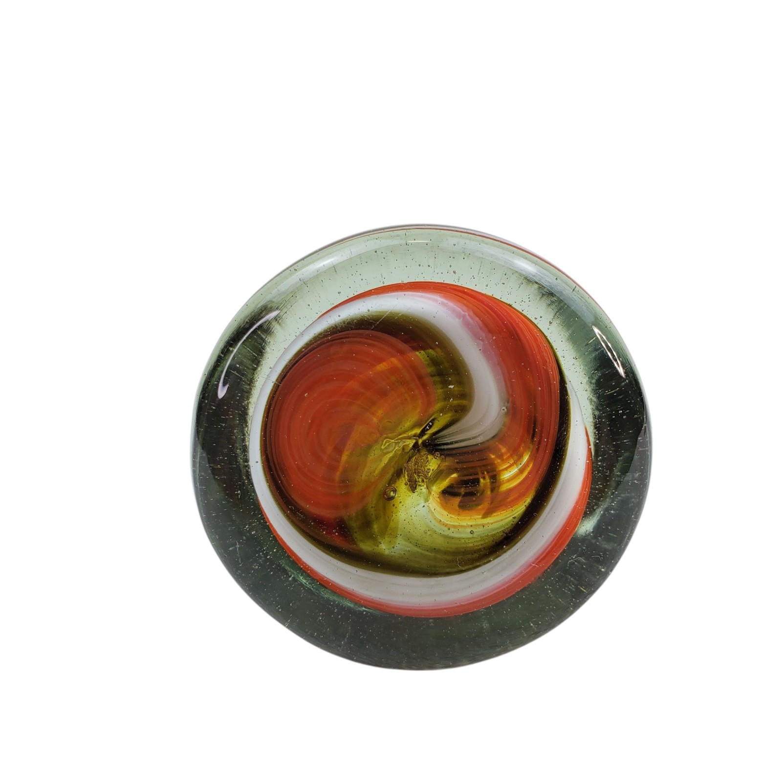 Multicolored Marble Swirl Glass Paperweight Orage White Clear 2.25 In