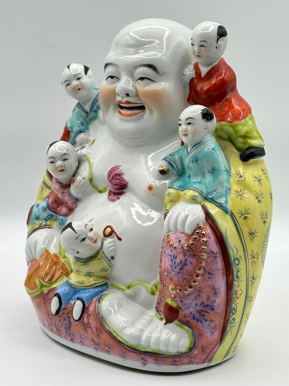 Vintage Chinese Porcelain Laughing Buddha Budai w/ Children Famille Rose 8″