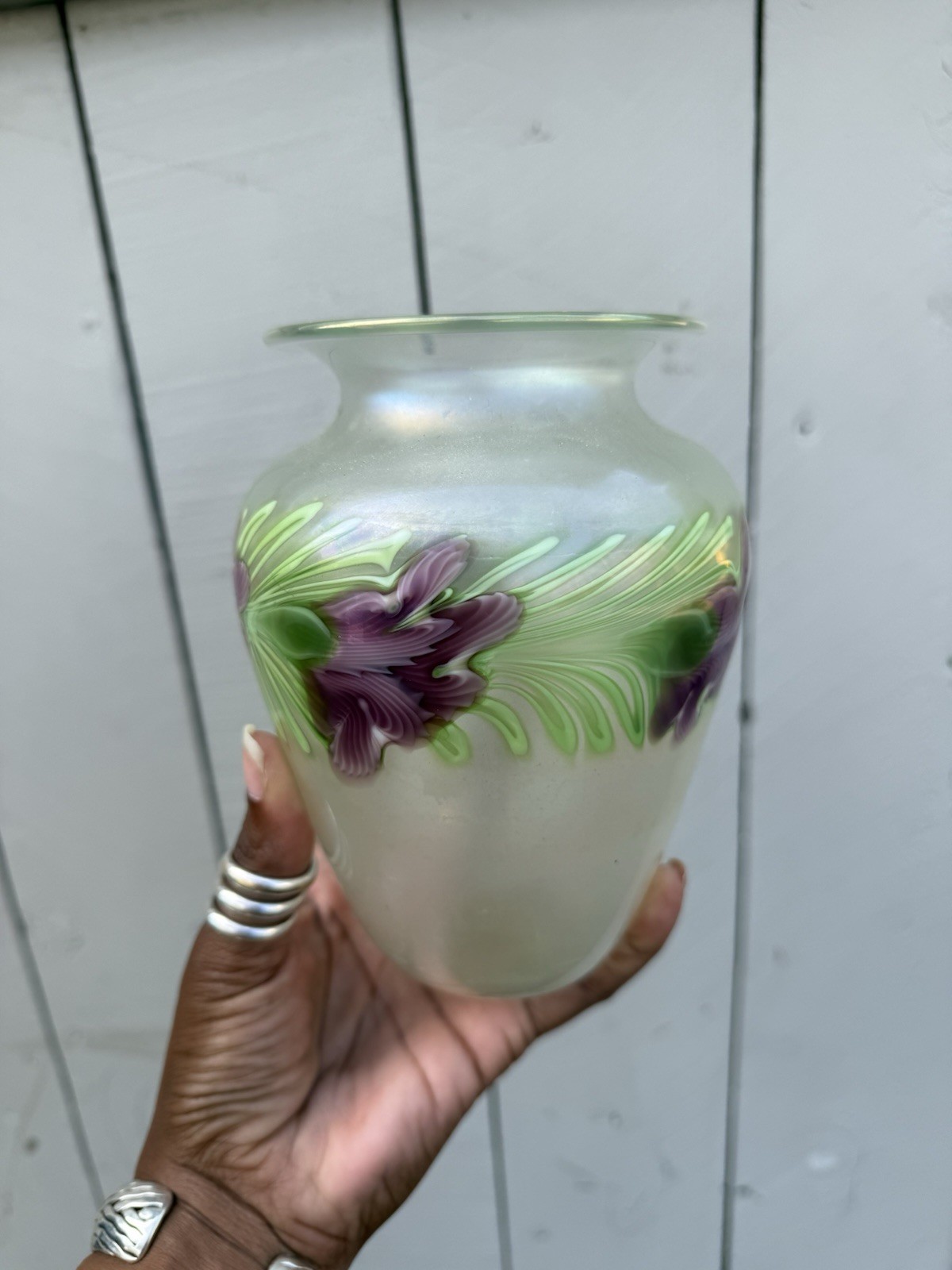 ORIENT & FLUME VINTAGE IRIS FLOWER VASE SIGNED SHAW