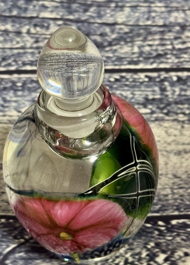 Stunning Signed Art Glass Perfume Bottle Hand Painted Floral Hand Blown