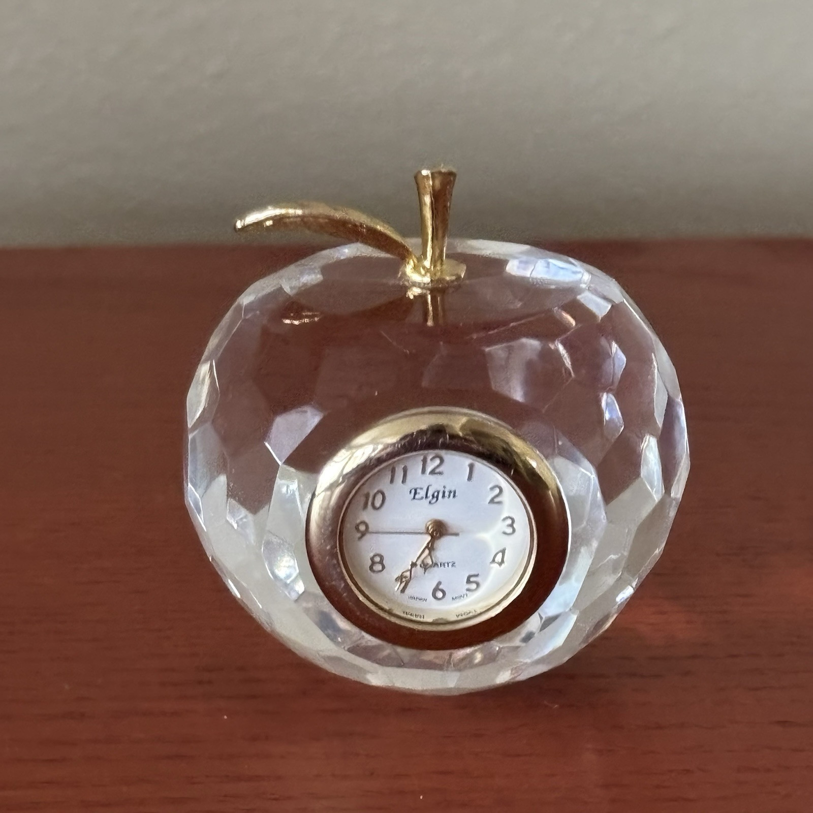 Elgin Clear Crystal Glass and Gold Apple Clock 2” Paperweight Shelf Desk Decor