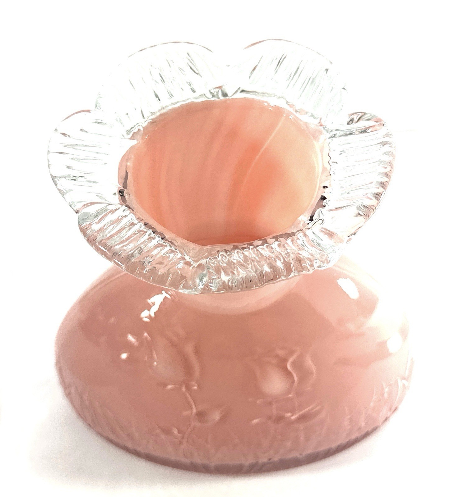 Vintage Pink Satin Glass Vase Embossed Floral Clear Ruffled Rim 7.5” Art Glass