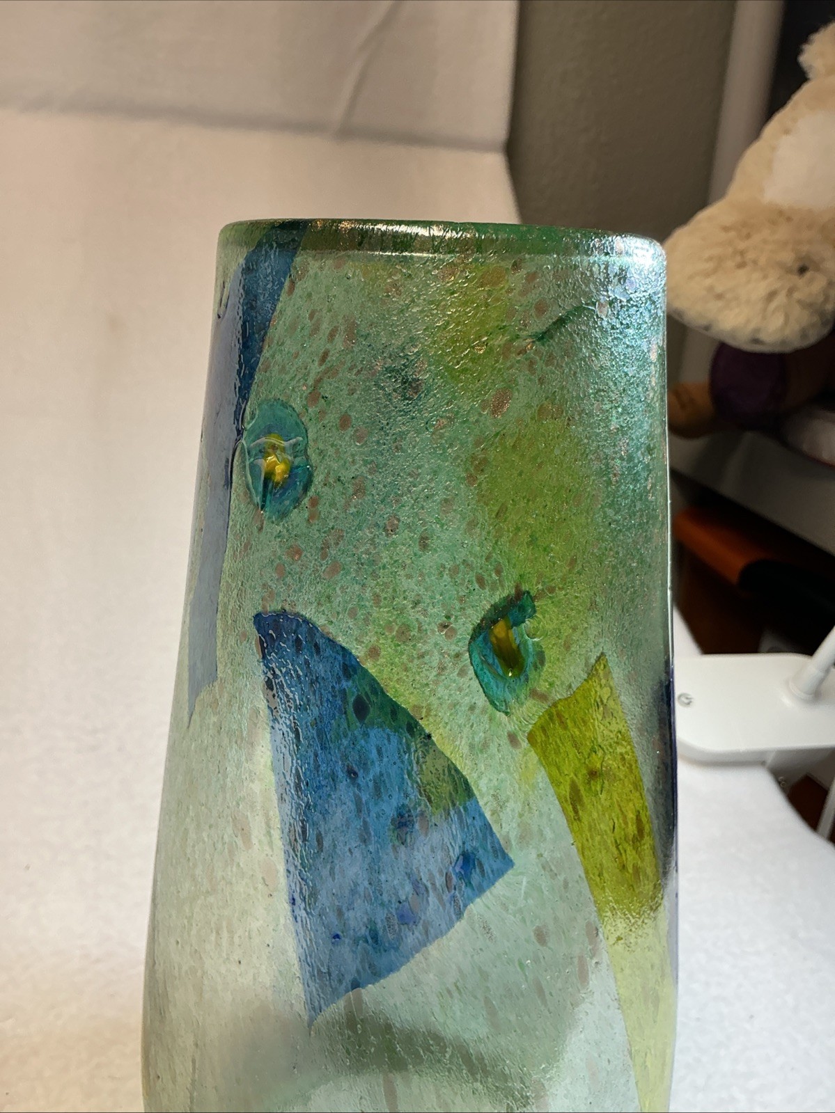 Mod Art Dichroic Glass Vase 10.5″H by CHROMA Collection Blue Yellow Seeded 12 .