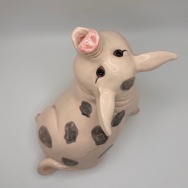 Vintage Ceramic Spotted Pig Figurine Pink Grey Sow Statue Farmhouse Decor 10in