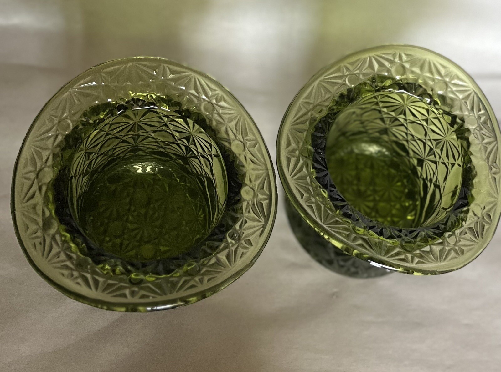 2 Retro Fenton Glass Daisy Button Colonial Green Olive Top Hats MCM Dish LARGE
